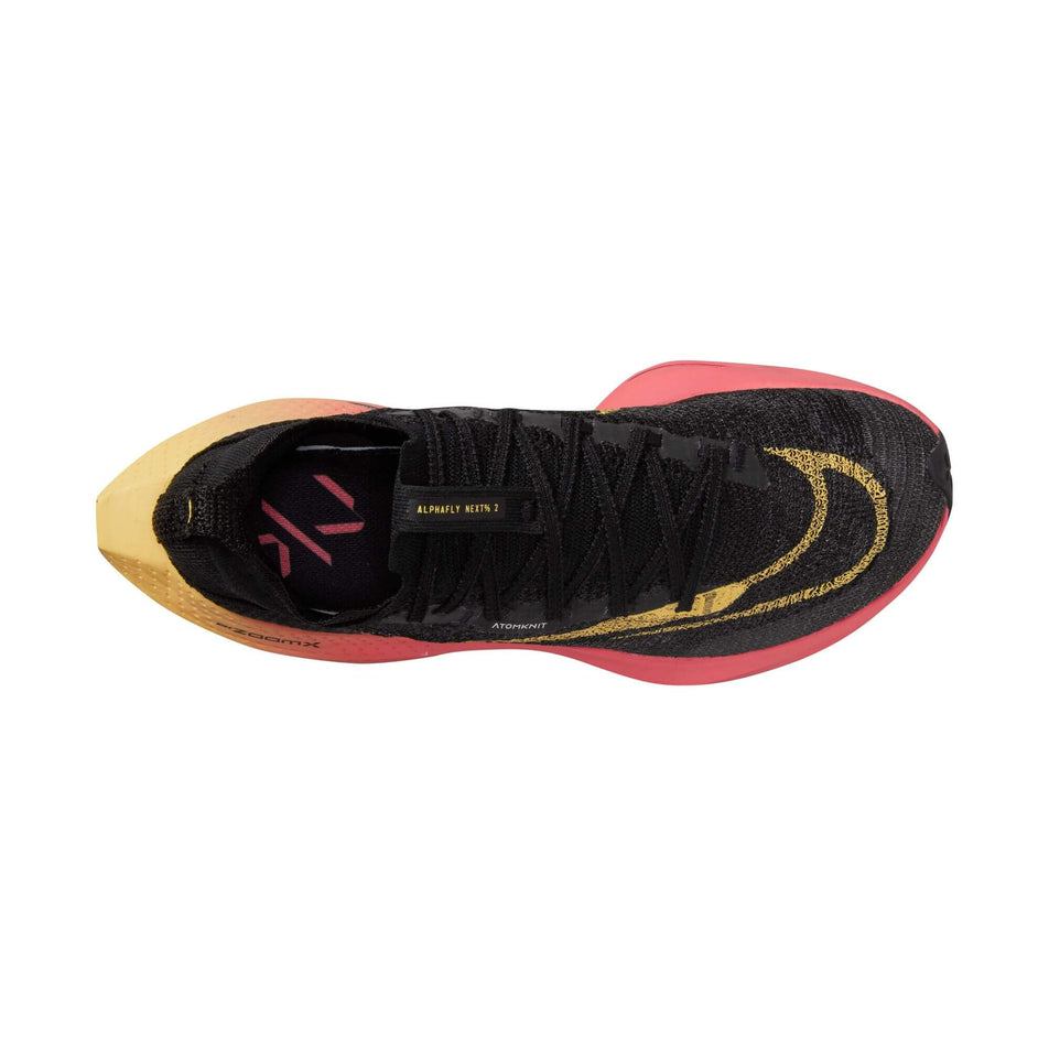 Upper of the right shoe from a pair of Nike Women's Alphafly 2 Road Racing Shoes in the BLACK/TOPAZ GOLD-SEA CORAL-WHITE colourway (7870344462498)