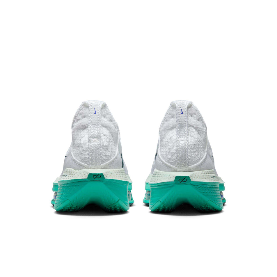 The back of a pair of Nike Women's Alphafly 2 Road Racing Shoes in the White/Deep Jungle-Clear Jade colourway (7995918254242)