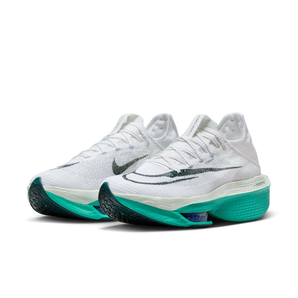 A pair of Nike Women's Alphafly 2 Road Racing Shoes in the White/Deep Jungle-Clear Jade colourway (7995918254242)