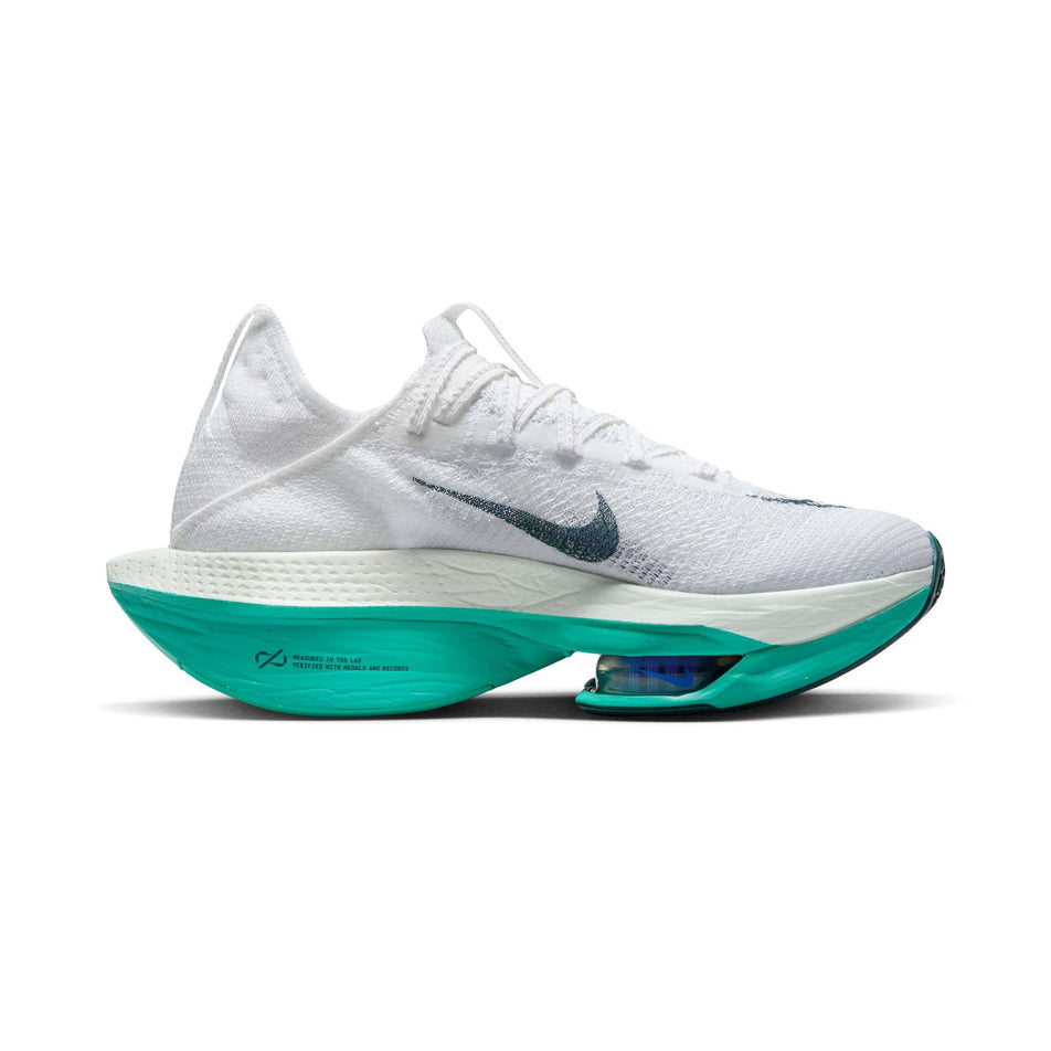Medial side of the left shoe from a pair of Nike Women's Alphafly 2 Road Racing Shoes in the White/Deep Jungle-Clear Jade colourway (7995918254242)