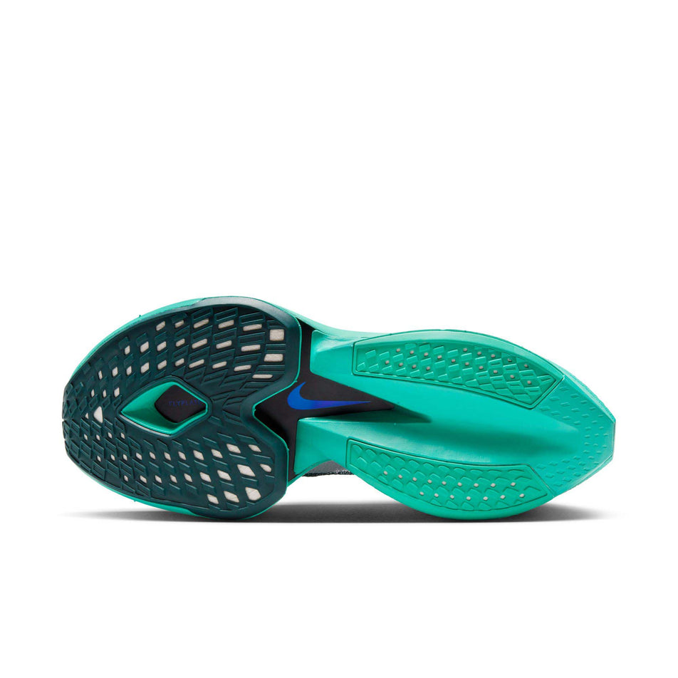 Outsole of the left shoe from a pair of Nike Women's Alphafly 2 Road Racing Shoes in the White/Deep Jungle-Clear Jade colourway (7995918254242)