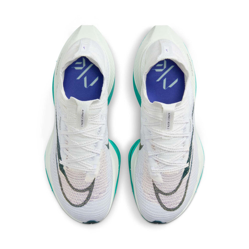 The uppers on a pair of Nike Women's Alphafly 2 Road Racing Shoes in the White/Deep Jungle-Clear Jade colourway (7995918254242)