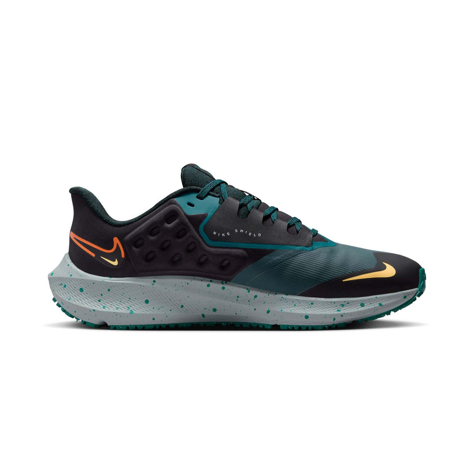 Medial side of the left shoe from a pair of Nike Men's Pegasus 39 Shield Weatherized Road Running Shoes. Deep Jungle/Safety Orange-Geode Teal colourway. (8072700199074)
