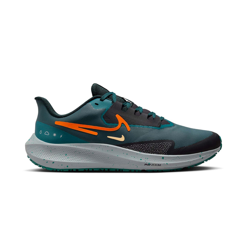 Lateral side of the right shoe from a pair of Nike Men's Pegasus 39 Shield Weatherized Road Running Shoes. Deep Jungle/Safety Orange-Geode Teal colourway. (8072700199074)