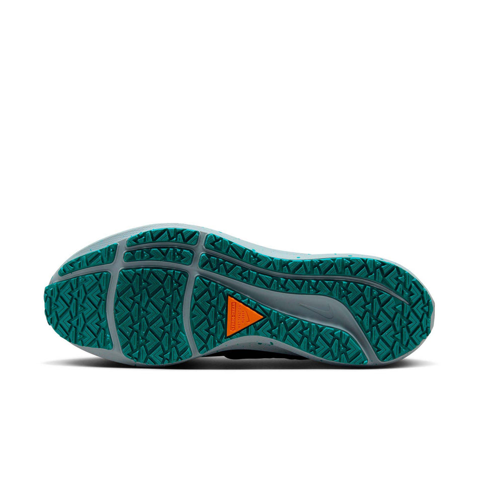Outsole of the left shoe from a pair of Nike Men's Pegasus 39 Shield Weatherized Road Running Shoes. Deep Jungle/Safety Orange-Geode Teal colourway. (8072700199074)