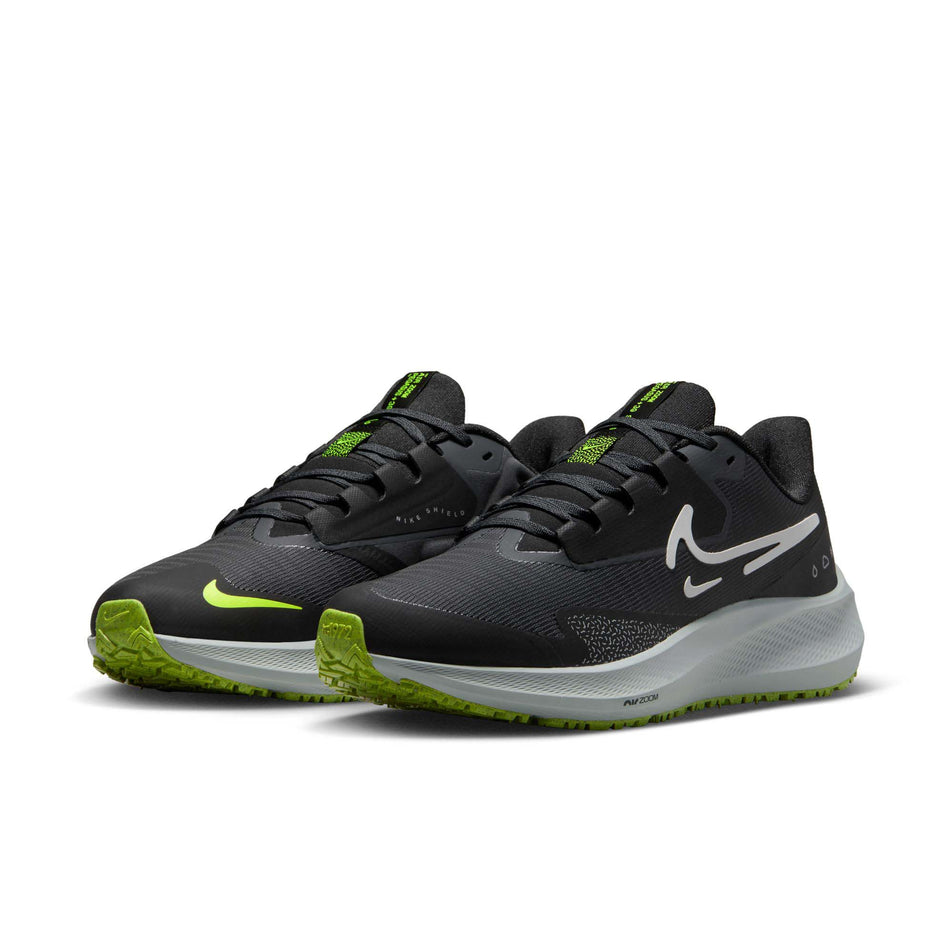 A pair of Nike Women's Pegasus 39 Shield Weatherized Road Running Shoes. Black/White-Dk Smoke Grey-Volt colourway. (8073034006690)
