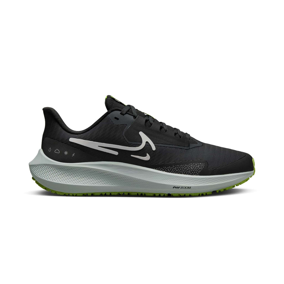 Lateral side of the right shoe from a pair of Nike Women's Pegasus 39 Shield Weatherized Road Running Shoes. Black/White-Dk Smoke Grey-Volt colourway. (8073034006690)