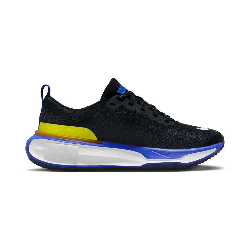 Medial side of the left shoe from a pair of Nike Men's Invincible 3 Road Running Shoes in the Black/White-Racer Blue-High Voltage colourway (7970751381666)
