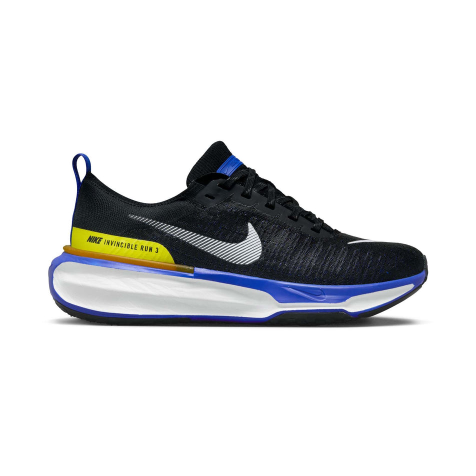 Lateral side of the right shoe from a pair of Nike Men's Invincible 3 Road Running Shoes in the Black/White-Racer Blue-High Voltage colourway (7970751381666)