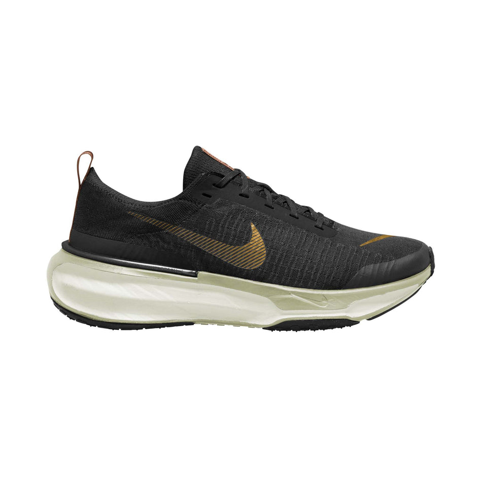 Lateral side of the right shoe from a pair of Nike Men's Invincible 3 Road Running Shoes in the Black/Bronzine-Olive Aura-Amber Brown colourway (8135140606114)