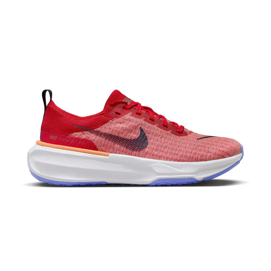 Lateral side of the right shoe from a pair of Nike Men's Invincible 3 Road Running Shoes in the University Red/Midnight Navy-Blue Joy colourway (8048746758306)