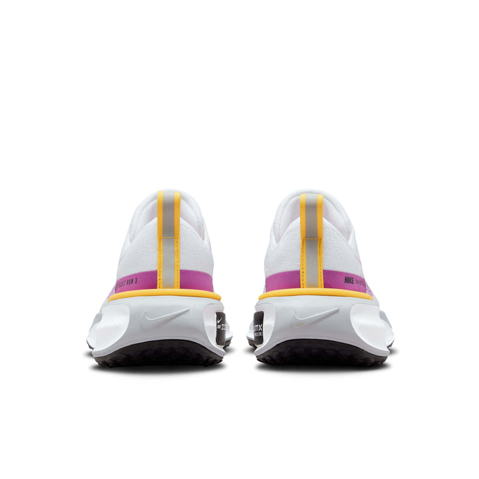 The back of a pair of Nike Women's Invincible 3 Road Running Shoes in the White/Vivid Purple-Vivid Sulfur colourway (7979350261922)