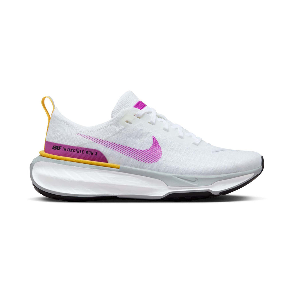 Lateral side of the right shoe from a pair of Nike Women's Invincible 3 Road Running Shoes in the White/Vivid Purple-Vivid Sulfur colourway (7979350261922)