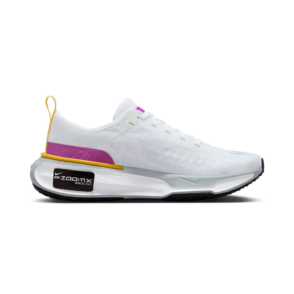 Medial side of the left shoe from a pair of Nike Women's Invincible 3 Road Running Shoes in the White/Vivid Purple-Vivid Sulfur colourway (7979350261922)