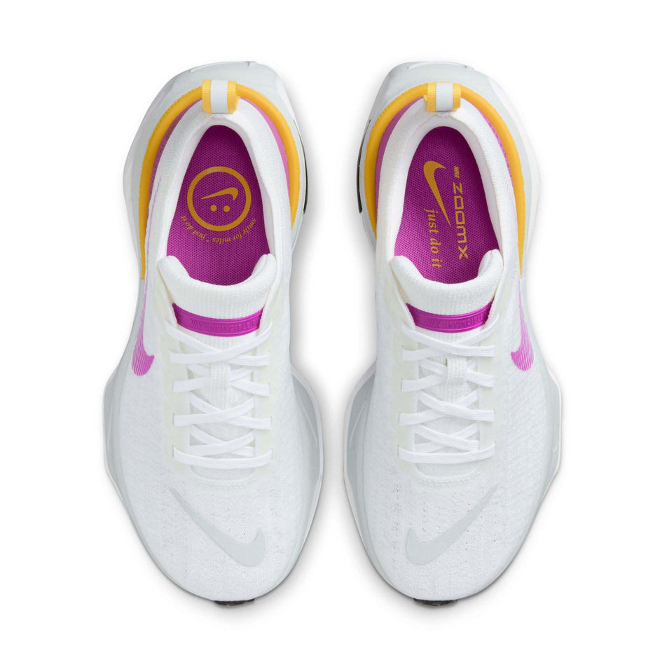 The uppers on a pair of Nike Women's Invincible 3 Road Running Shoes in the White/Vivid Purple-Vivid Sulfur colourway (7979350261922)