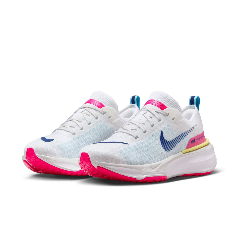 A pair of Nike Women's Invincible 3 Road Running Shoes in the White/Deep Royal Blue-Photon Dust colourway (8139940266146)