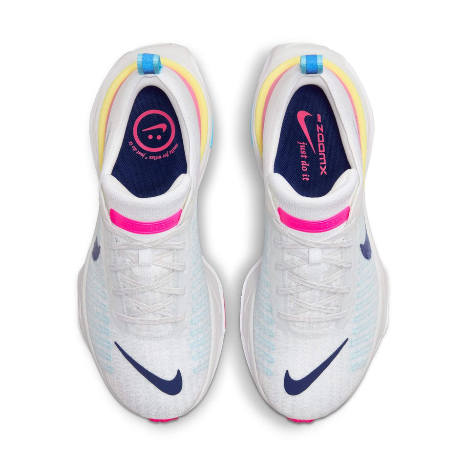 The uppers on a pair of Nike Women's Invincible 3 Road Running Shoes in the White/Deep Royal Blue-Photon Dust colourway (8139940266146)