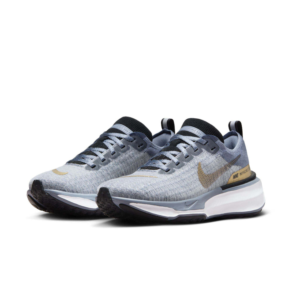 A pair of Nike  Women's Invincible 3 Road Running Shoes in the Ashen Slate/Metallic Gold-Diffused Blue colourway (8070590333090)