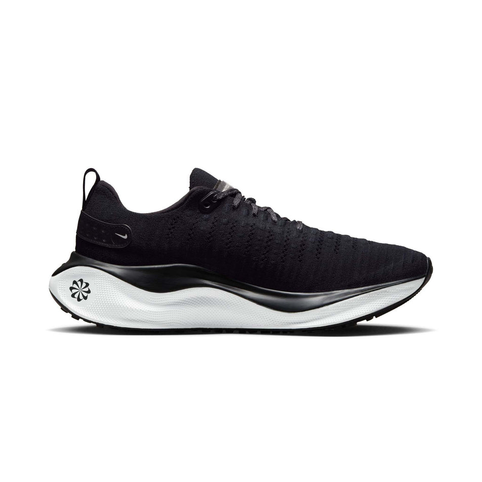 Medial side of the left shoe from a pair of Nike Men's Infinity RN 4 Road Running Shoes in the Black/White-Dark Grey colourway (8048776839330)