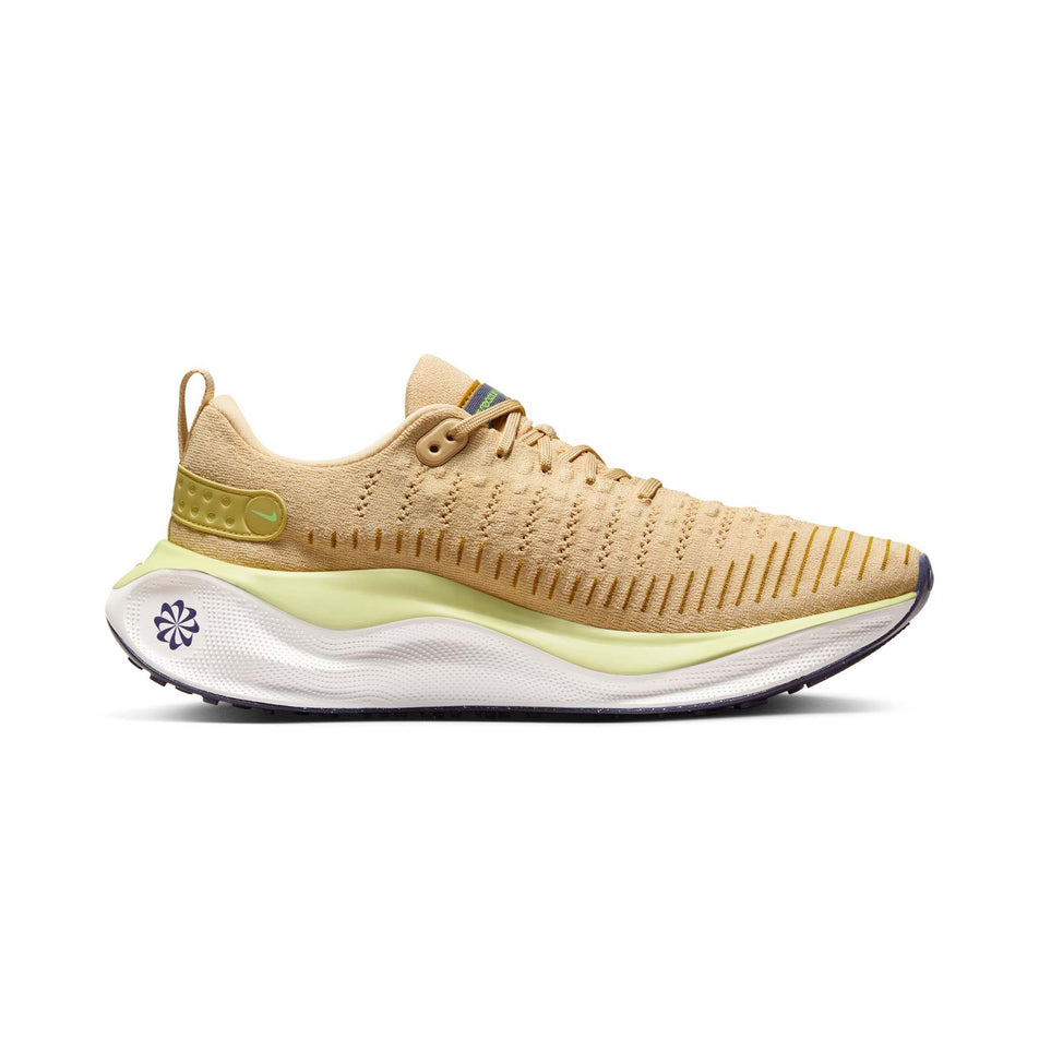 Medial side of the left shoe from a pair of Nike Men's Infinity RN 4 Road Running Shoes in the Sesame/Purple Ink-Buff Gold colourway (8073016475810)