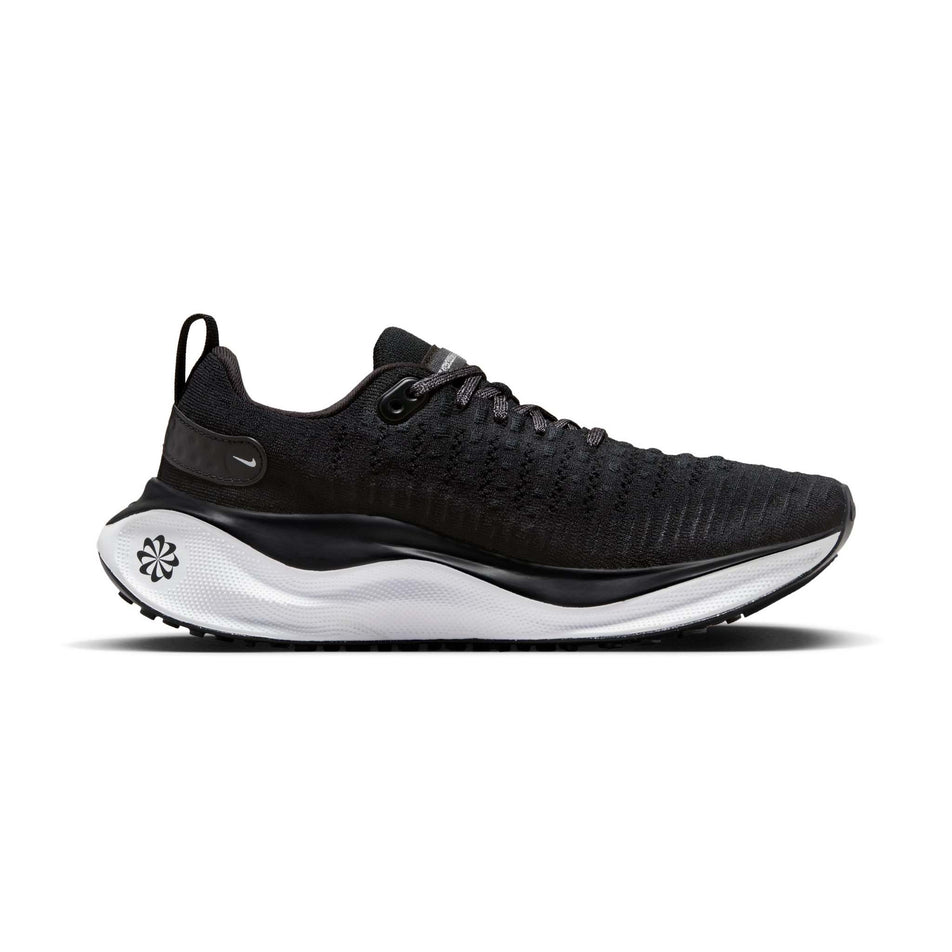 Medial side of the left shoe from a pair of Nike Women's Infinity RN 4 Road Running Shoes in the Black/White-Dark Grey colourway (7979380277410)