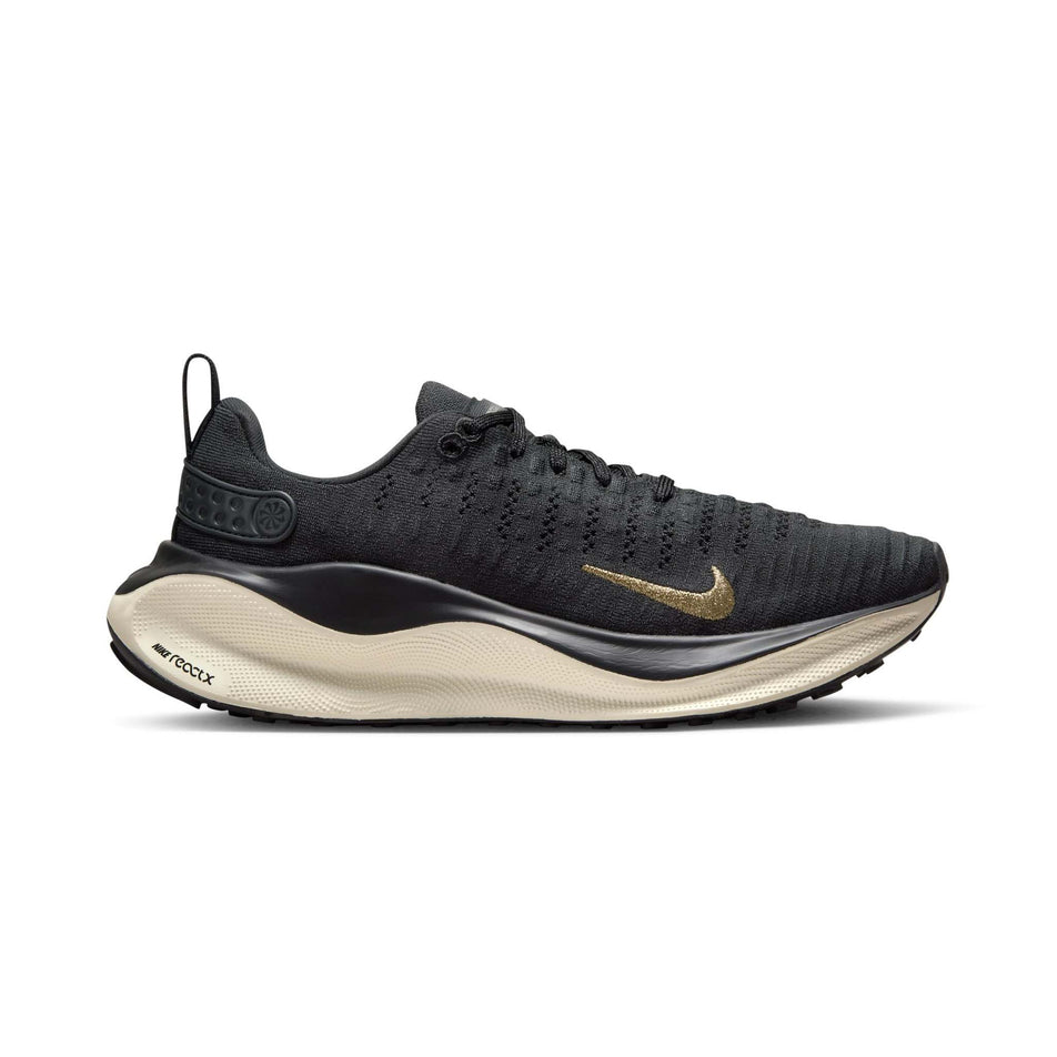 Lateral side of the right shoe from a pair of Nike Women's Infinity RN 4 Road Running Shoes in the Dk Smoke Grey/Metallic Gold-Black colourway (8070596296866)