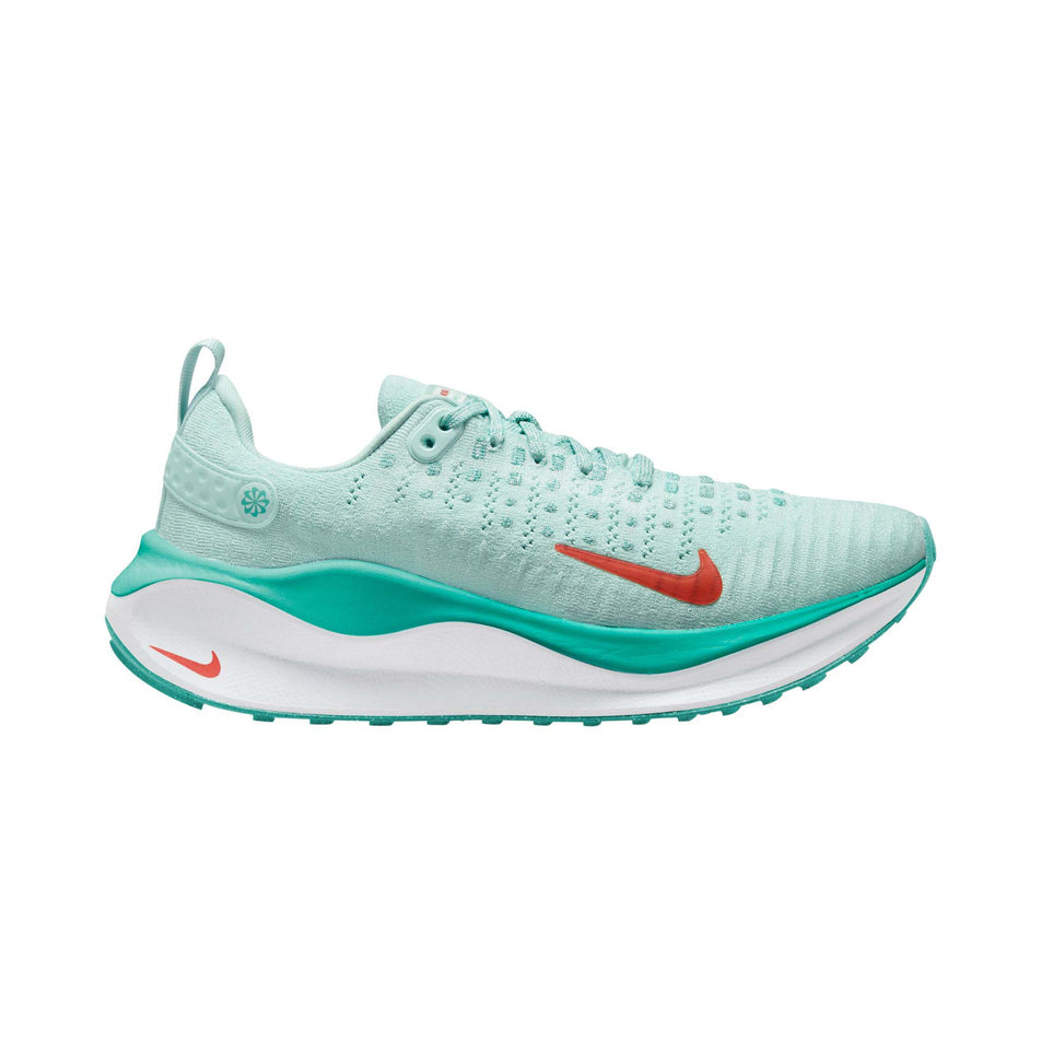 Lateral side of the right shoe from a pair of Nike Women's Infinity RN 4 Road Running Shoes in the Jade Ice/Picante Red-White-Clear Jade colourway (7995919925410)