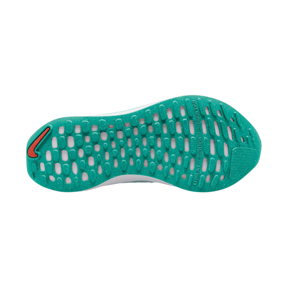 Outsole of the right shoe from a pair of Nike Women's Infinity RN 4 Road Running Shoes in the Jade Ice/Picante Red-White-Clear Jade colourway (7995919925410)
