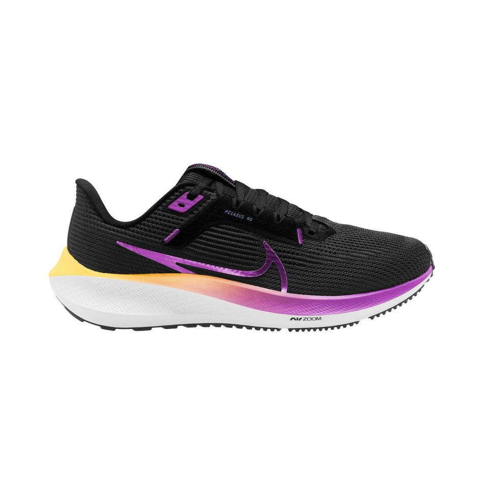 Lateral side of the right shoe from a pair of Nike Women's Pegasus 40 Road Running Shoes in the Black/Hyper Violet-Laser Orange-White colourway (8139930992802)