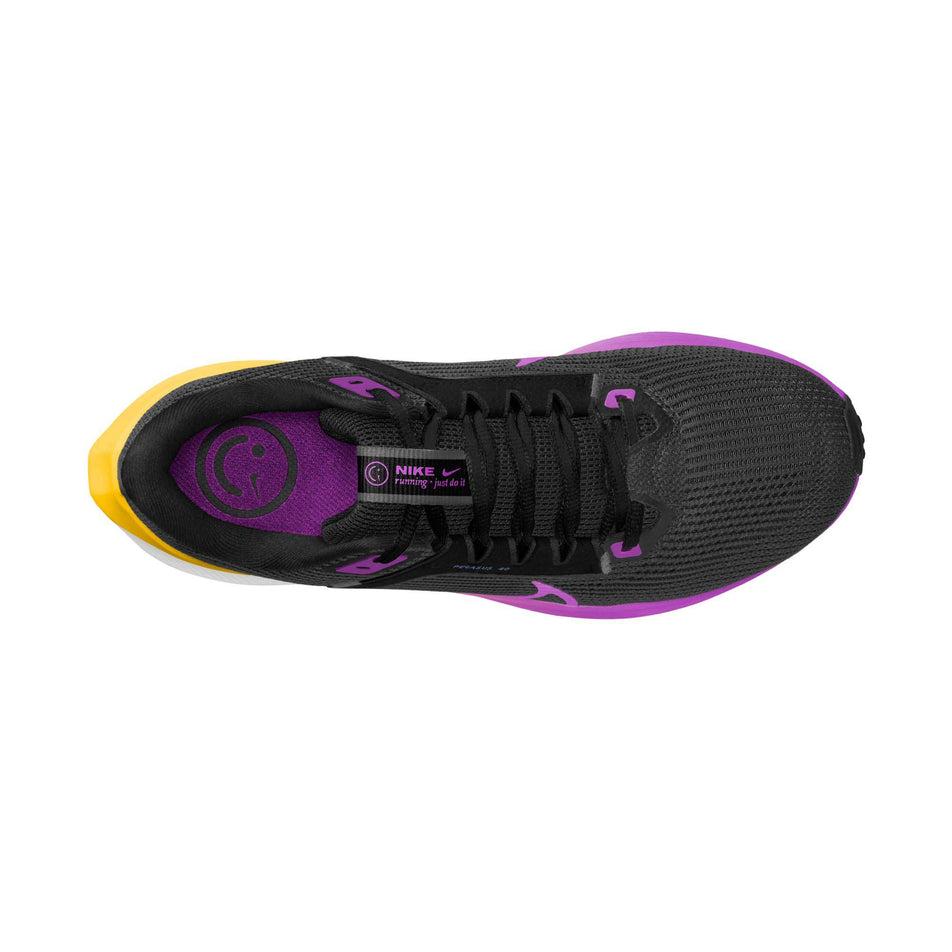 The upper of the right shoe from a pair of Nike Women's Pegasus 40 Road Running Shoes in the Black/Hyper Violet-Laser Orange-White colourway (8139930992802)