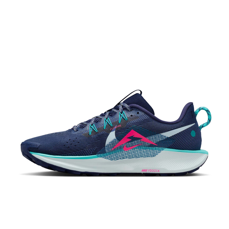Medial view of the right shoe from a pair of Nike Men's Pegasus Trail 5 Trail Running Shoes in the Midnight Navy/Hyper Pink-Dusty Cactus colourway.
