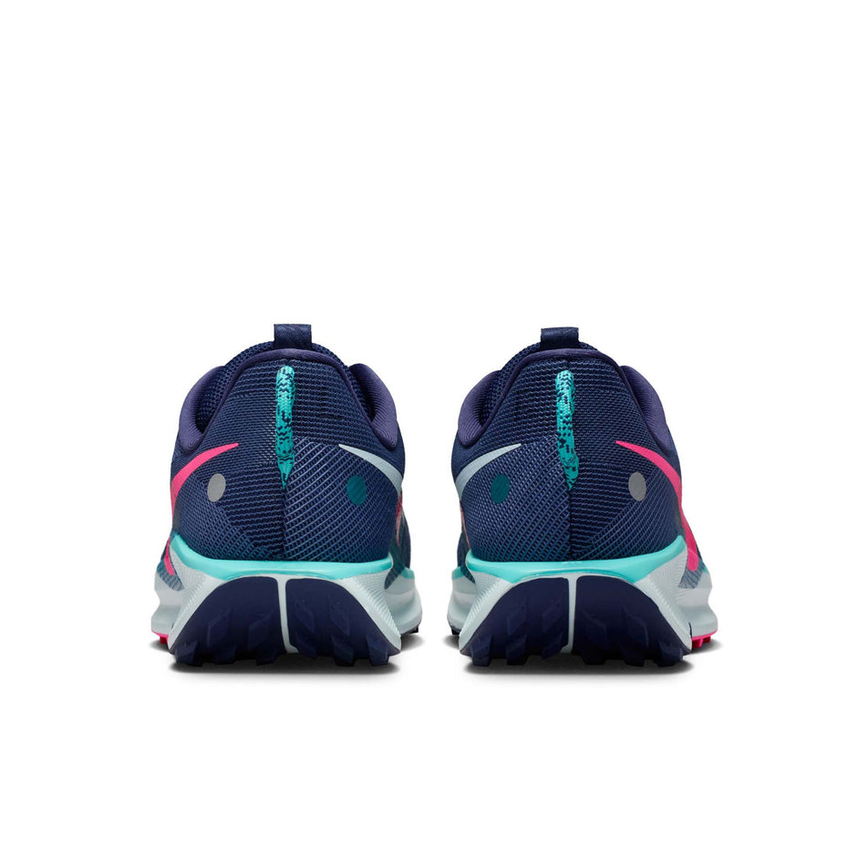 The back of a pair of Nike Men's Pegasus Trail 5 Trail Running Shoes in the Midnight Navy/Hyper Pink-Dusty Cactus colourway.