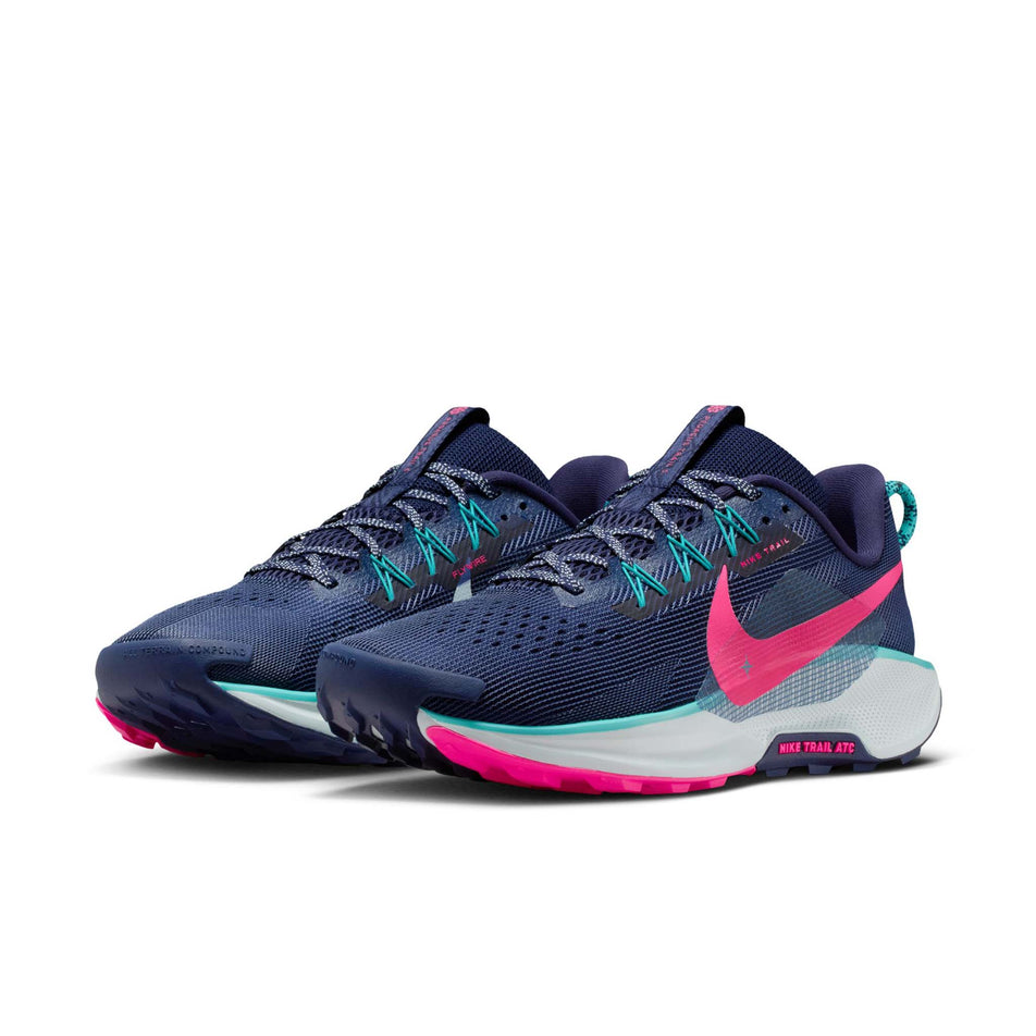 A pair of Nike Men's Pegasus Trail 5 Trail Running Shoes in the Midnight Navy/Hyper Pink-Dusty Cactus colourway.