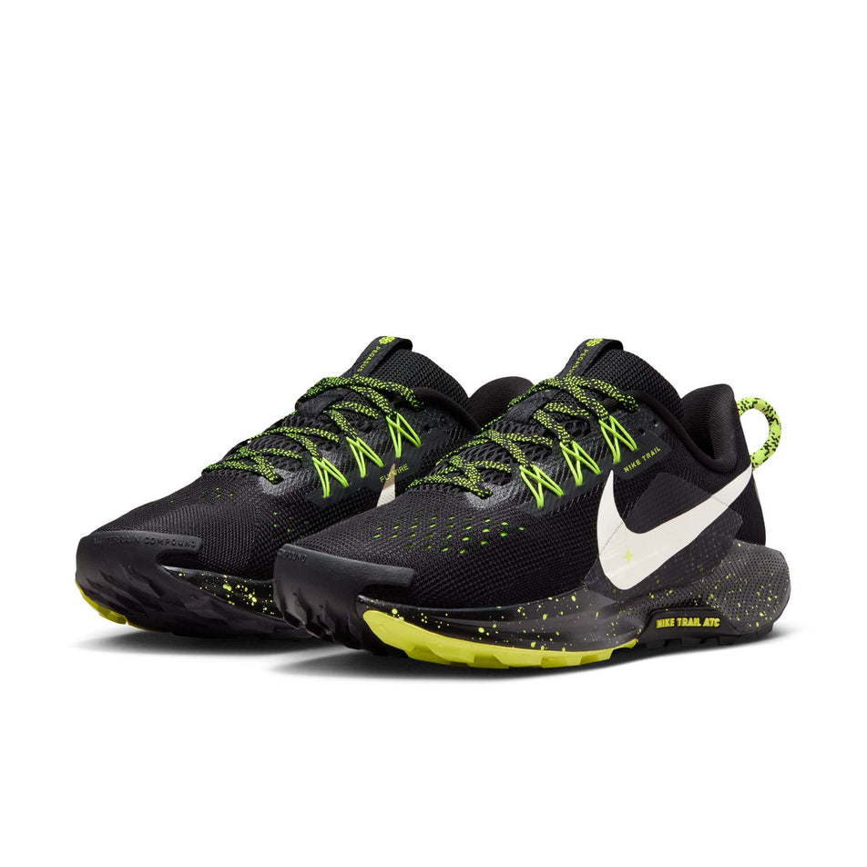 A pair of Nike Women's Pegasus Trail 5 Running Shoes in the Black/Phantom-Volt Ice colourway.