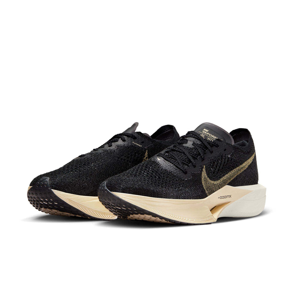A pair of Nike Men's Vaporfly 3 Road Racing Shoes in the Black/Mtlc Gold Grain-Black-Oatmeal colourway (8048741220514)