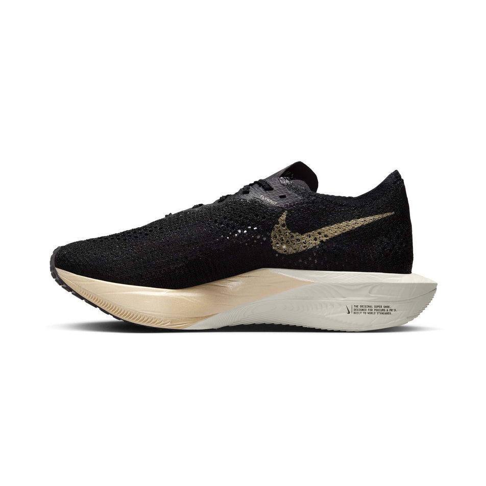 Medial side of the right shoe from a pair of Nike Men's Vaporfly 3 Road Racing Shoes in the Black/Mtlc Gold Grain-Black-Oatmeal colourway (8048741220514)