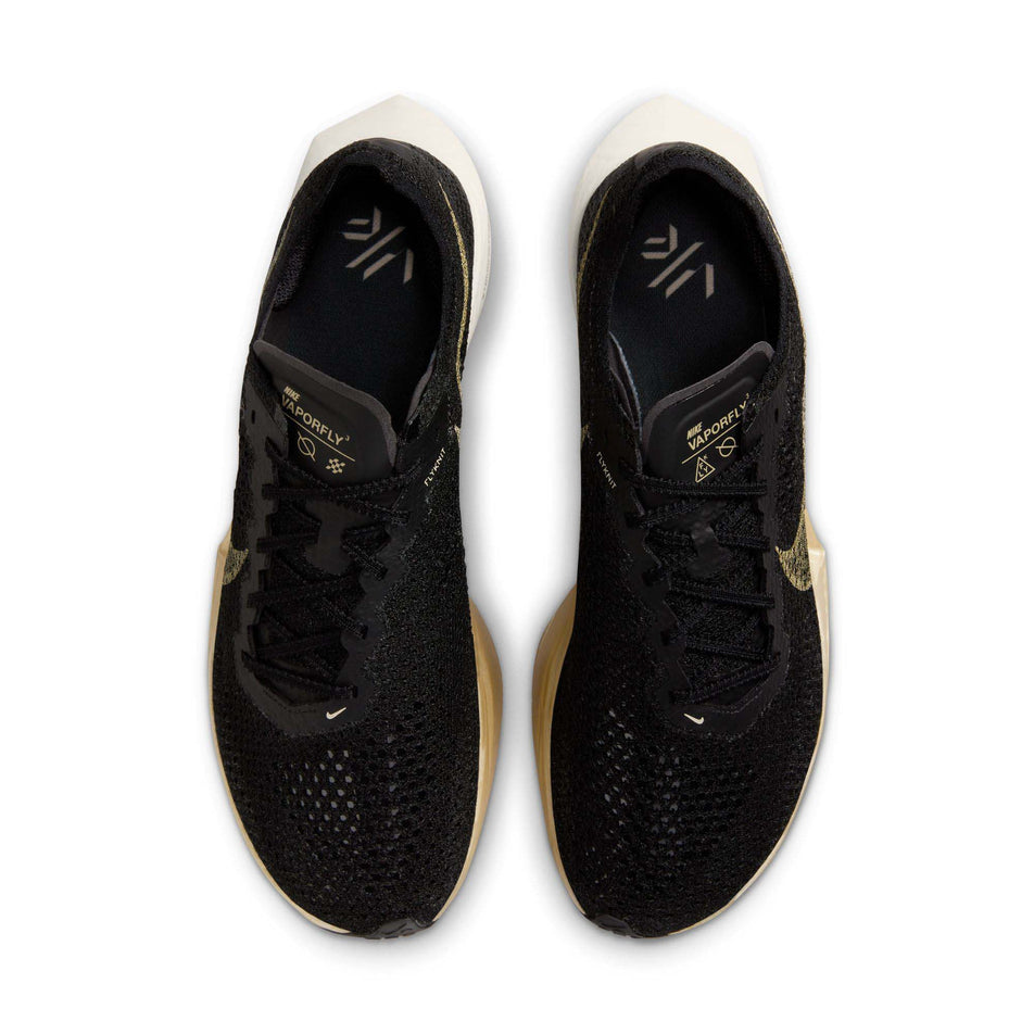 The uppers on a pair of Nike Men's Vaporfly 3 Road Racing Shoes in the Black/Mtlc Gold Grain-Black-Oatmeal colourway (8048741220514)