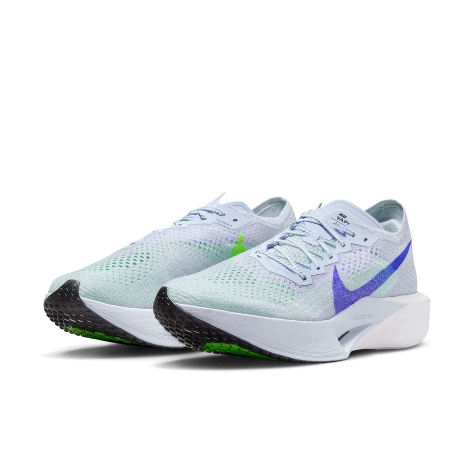 A pair of Nike Men's Vaporfly 3 Road Racing Shoes in the Football Grey/Racer Blue-Green Strike colourway (8135047577762)