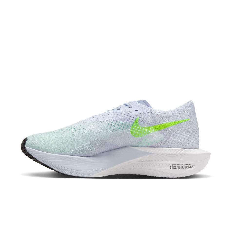 Medial side of the right shoe from a pair of Nike Men's Vaporfly 3 Road Racing Shoes in the Football Grey/Racer Blue-Green Strike colourway (8135047577762)