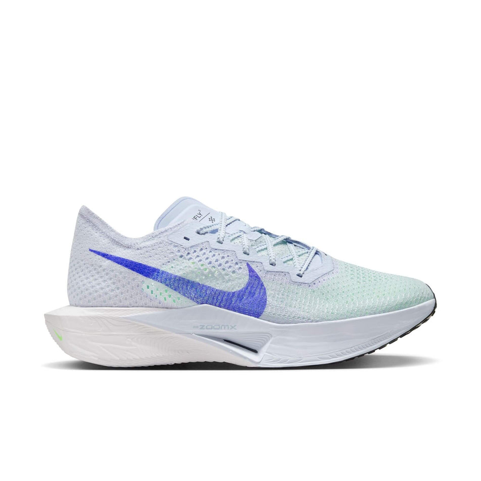 Lateral side of the right shoe from a pair of Nike Men's Vaporfly 3 Road Racing Shoes in the Football Grey/Racer Blue-Green Strike colourway (8135047577762)