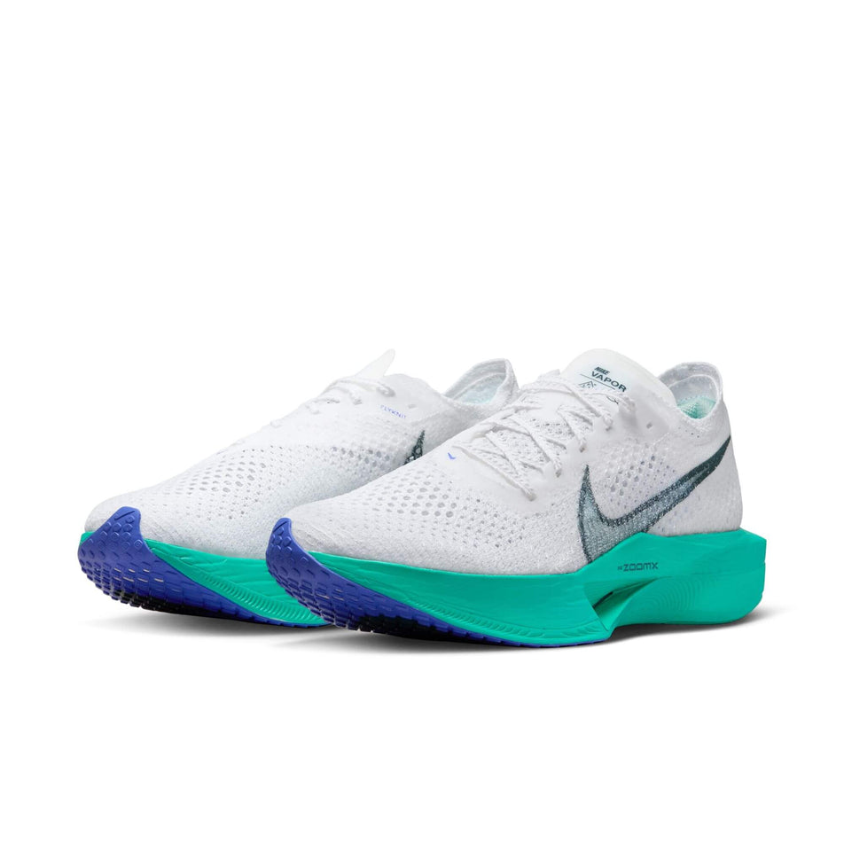 A pair of Nike Men's Vaporfly 3 Road Racing Shoes in the White/Deep Jungle-Jade Ice-Clear Jade colourway (8029386997922)