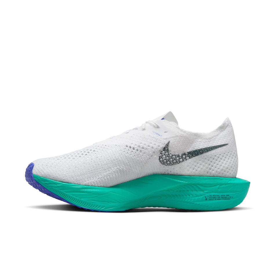 Medial side of the right shoe from a pair of Nike Men's Vaporfly 3 Road Racing Shoes in the White/Deep Jungle-Jade Ice-Clear Jade colourway (8029386997922)