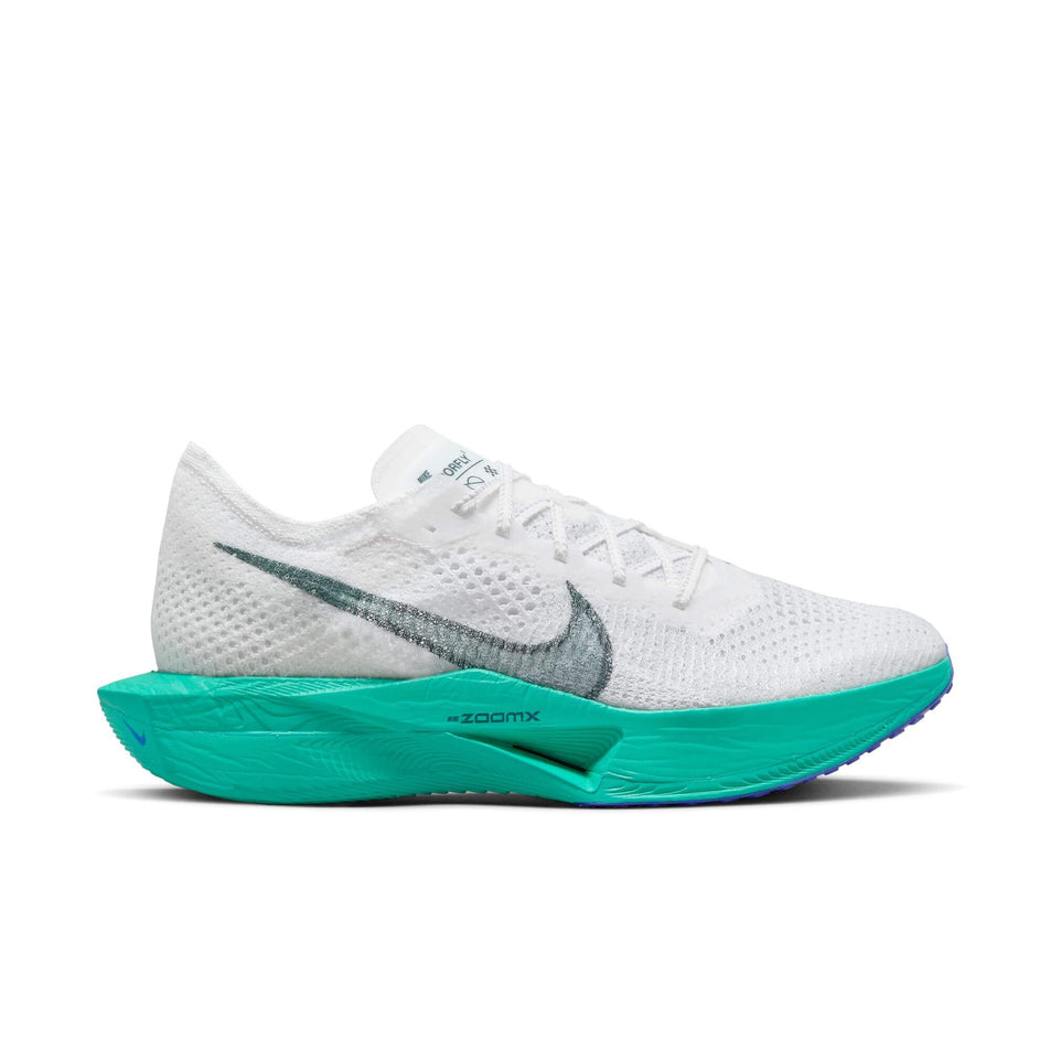 Lateral side of the right shoe from a pair of Nike Men's Vaporfly 3 Road Racing Shoes in the White/Deep Jungle-Jade Ice-Clear Jade colourway (8029386997922)