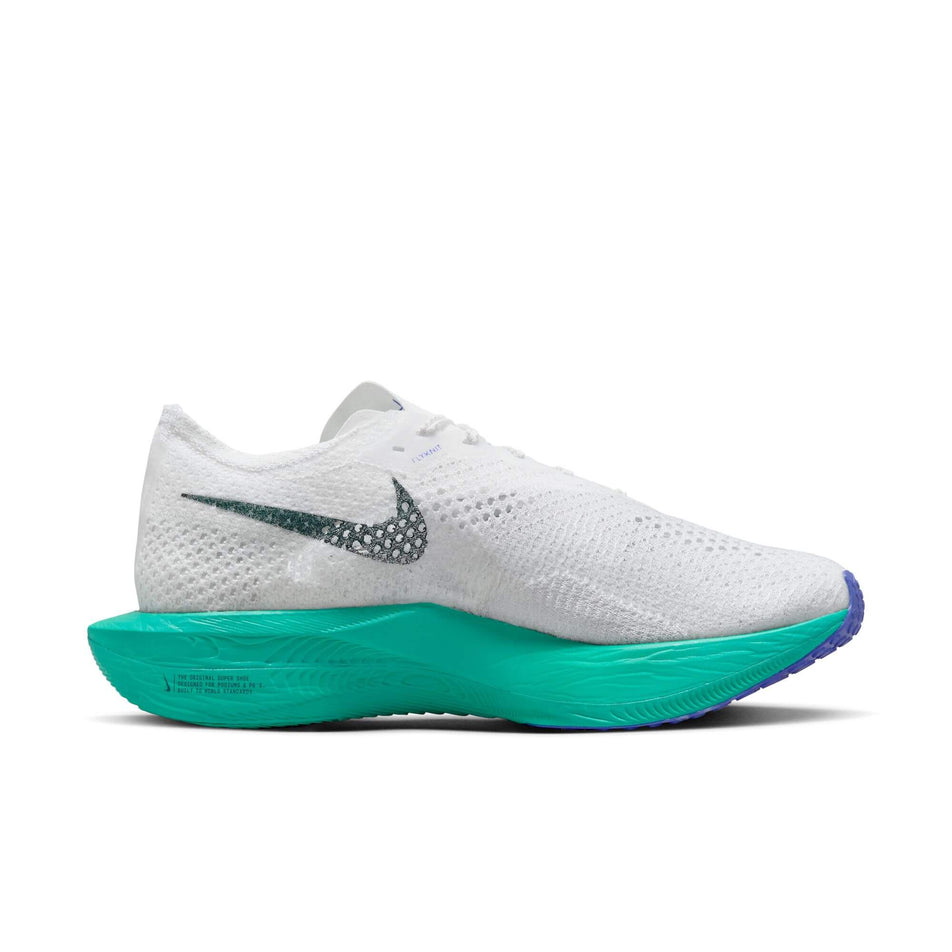 Medial side of the left shoe from a pair of Nike Men's Vaporfly 3 Road Racing Shoes in the White/Deep Jungle-Jade Ice-Clear Jade colourway (8029386997922)