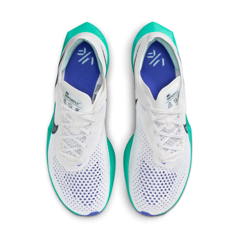 The uppers on a pair of Nike Men's Vaporfly 3 Road Racing Shoes in the White/Deep Jungle-Jade Ice-Clear Jade colourway (8029386997922)