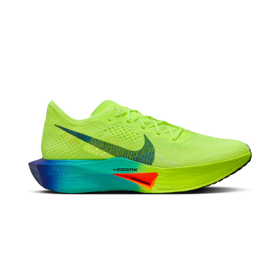 Lateral side of the right shoe from a pair of Nike Men's Vaporfly 3 Road Racing Shoes in the Volt/Black-Scream Green-Barely Volt colourway (8185960988834)