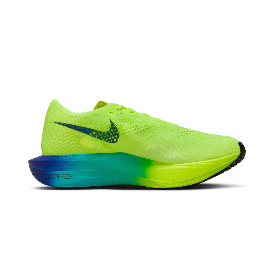 Medial side of the left shoe from a pair of Nike Men's Vaporfly 3 Road Racing Shoes in the Volt/Black-Scream Green-Barely Volt colourway (8185960988834)