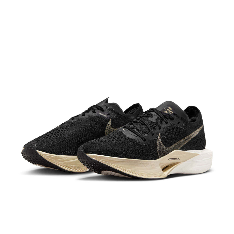 A pair of Nike Women's Vaporfly 3 Road Racing Shoes in the Black/Mtlc Gold Grain-Black Oatmeal colourway (8070583582882)