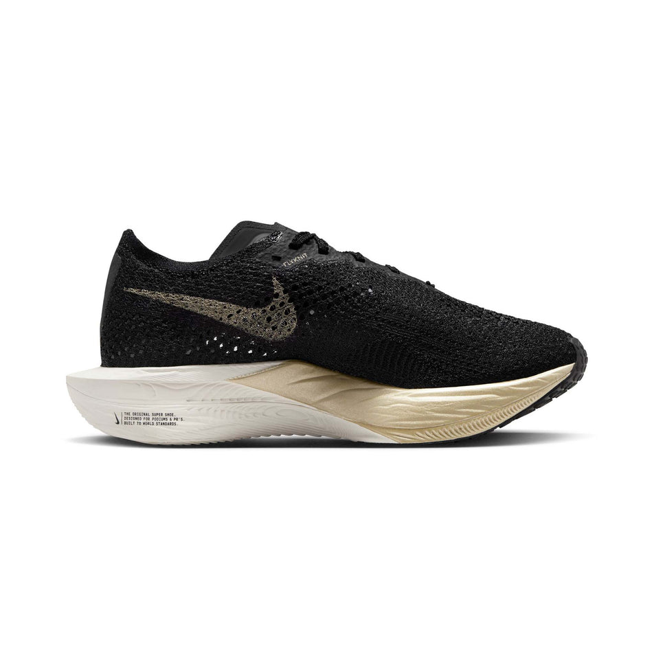 Medial side of the left shoe from a pair of Nike Women's Vaporfly 3 Road Racing Shoes in the Black/Mtlc Gold Grain-Black Oatmeal colourway (8070583582882)