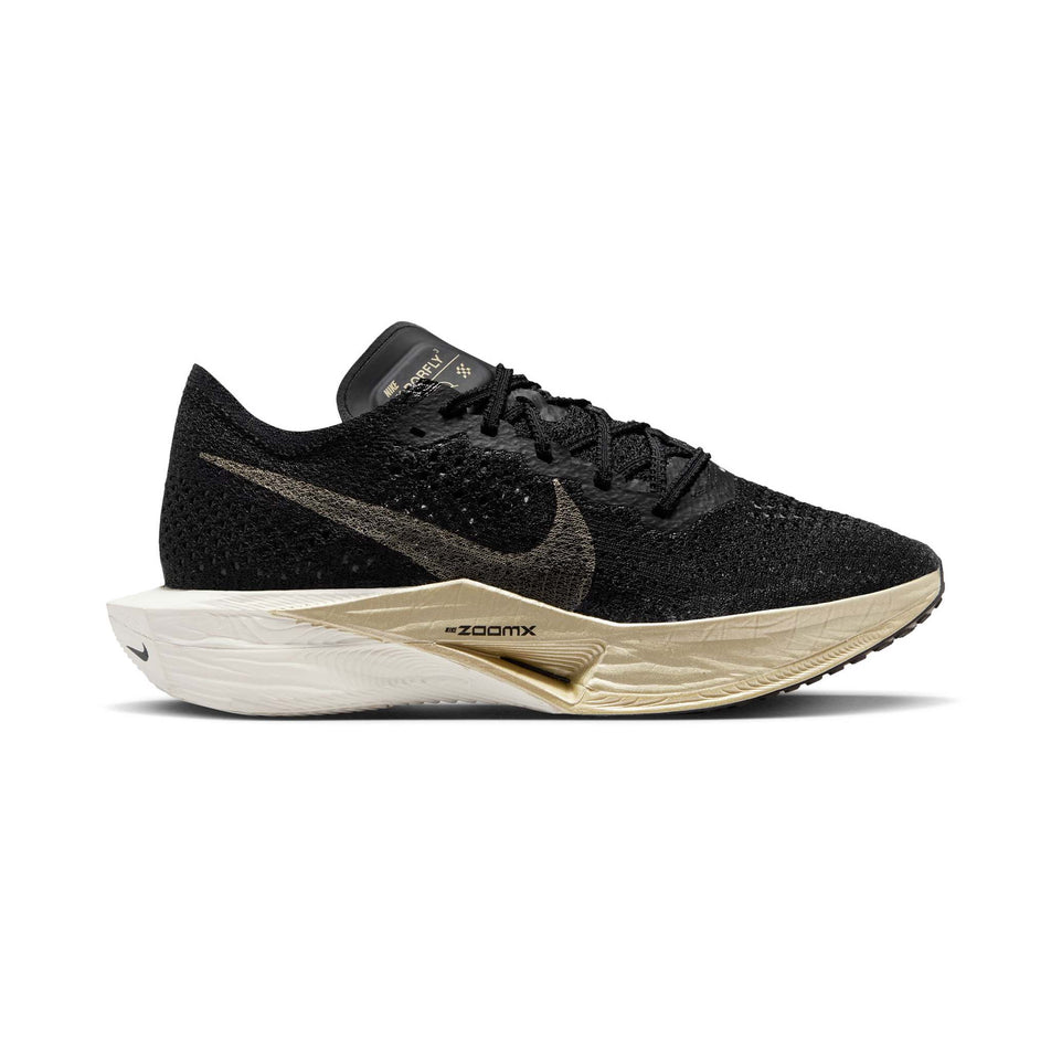 Lateral side of the right shoe from a pair of Nike Women's Vaporfly 3 Road Racing Shoes in the Black/Mtlc Gold Grain-Black Oatmeal colourway (8070583582882)